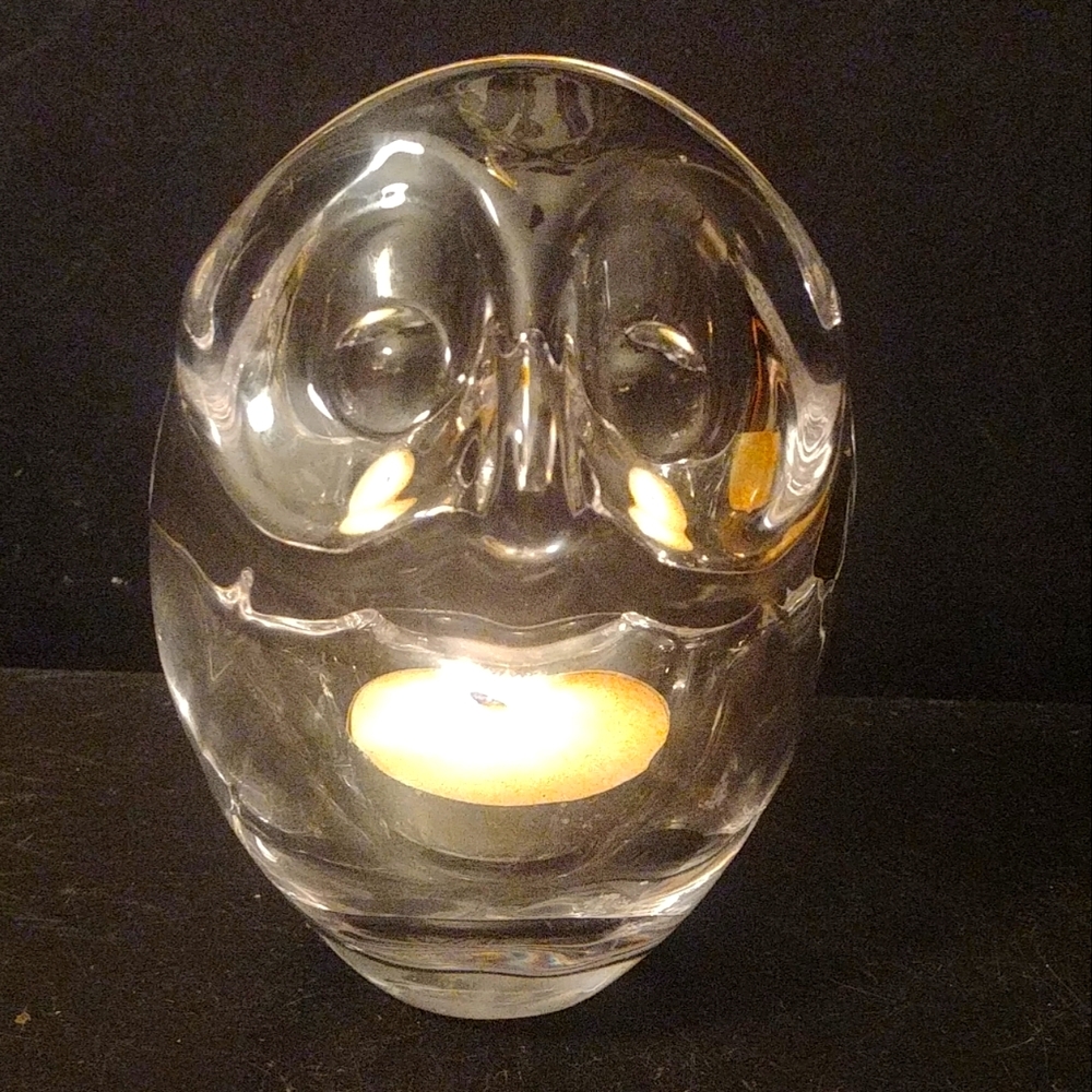 Art Vannes France Crystal OWL Votive Tealight Candle Holder w/Sticker Signed